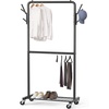 image:imageSimple Houseware Double Rod Clothes Rack with Wheels Hooks amp Shelf Black