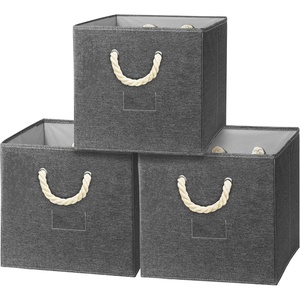 image:imageSimple Houseware 11Inch Cube Storage Bin with Braided Handles IvoryDark Gray