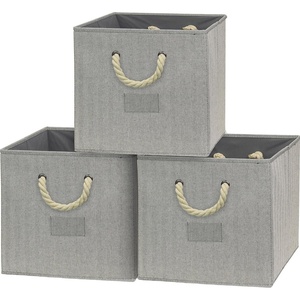 image:imageSimple Houseware 11Inch Cube Storage Bin with Braided Handles IvoryGray