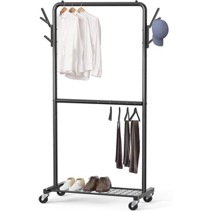 image:imageSimple Houseware Double Rod Clothes Rack with Wheels Hooks amp Shelf Black