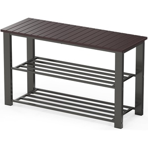 image:imageSimple Houseware Wooden Top Shoe Rack Bench for Entryway GreyDark Brown